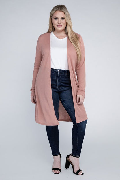Shophouse Northwest plus size everyday comfy cardigan dusty rose long open front knit worn with white tee and dark jeans