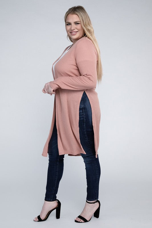 Shophouse Northwest plus size everyday comfy cardigan in dusty rose open front long style with side slits
