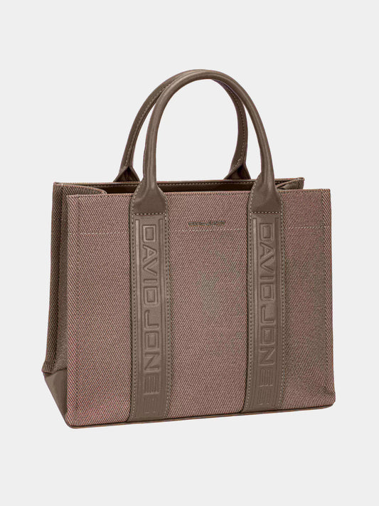Stylish David Jones canvas tote bag in brown with sturdy handles and textured design