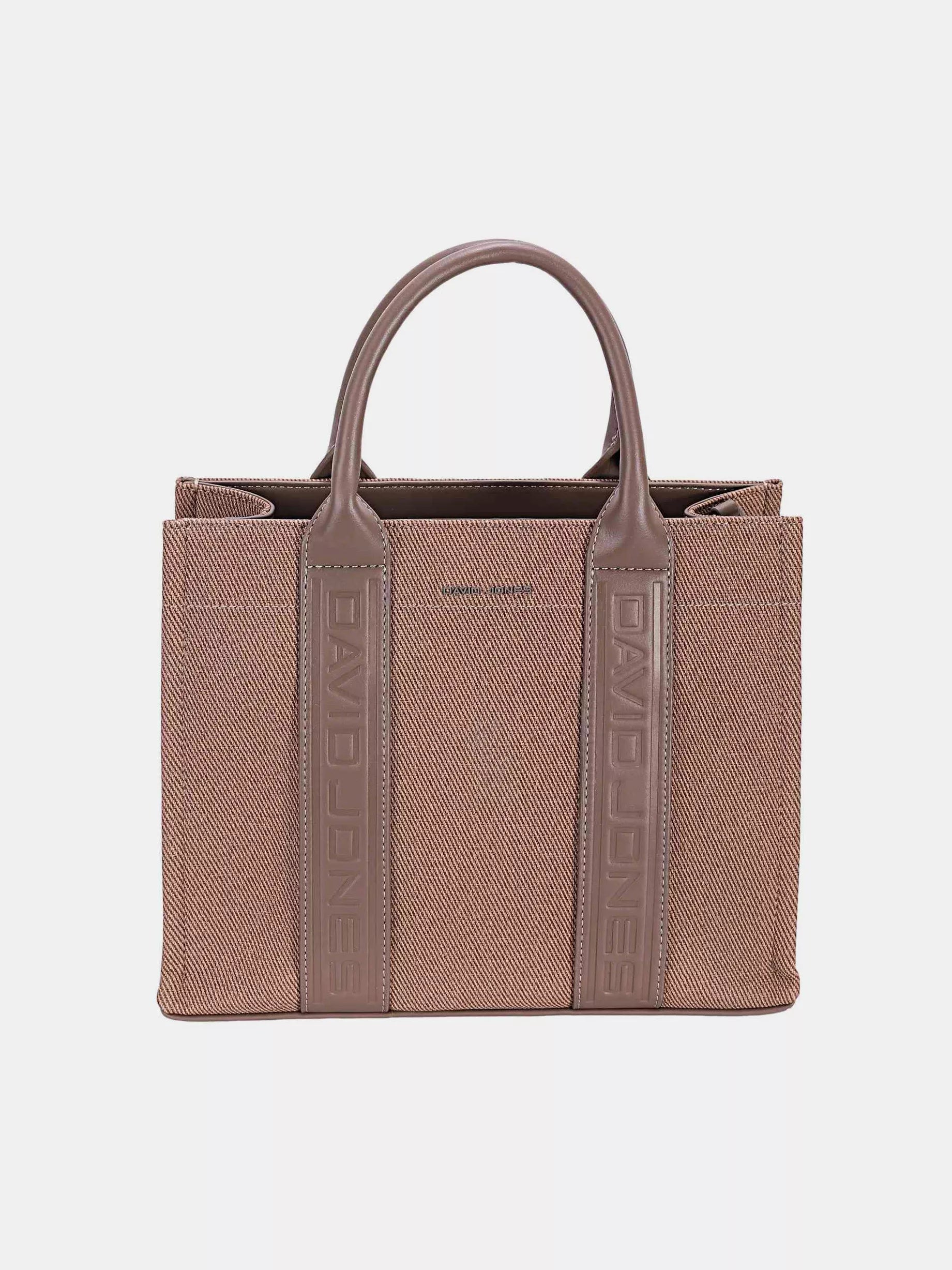 David Jones canvas tote bag in brown with stylish handles and embossed logo design