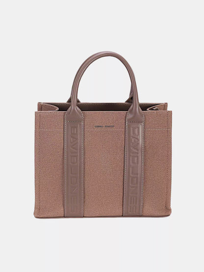 David Jones canvas tote bag in brown with stylish handles and embossed logo design