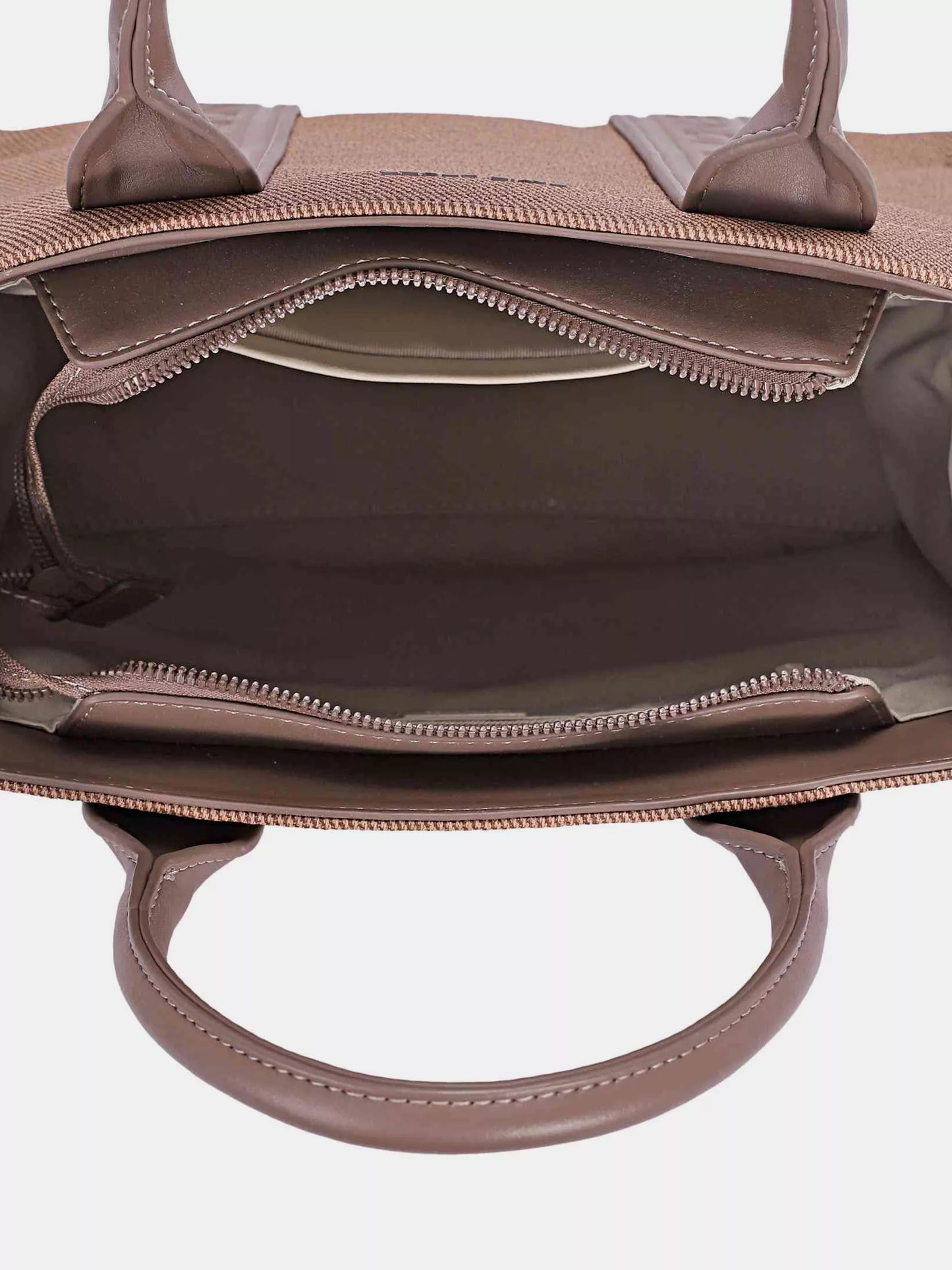 Inside view of the David Jones canvas tote bag showing spacious compartments and zipper closure