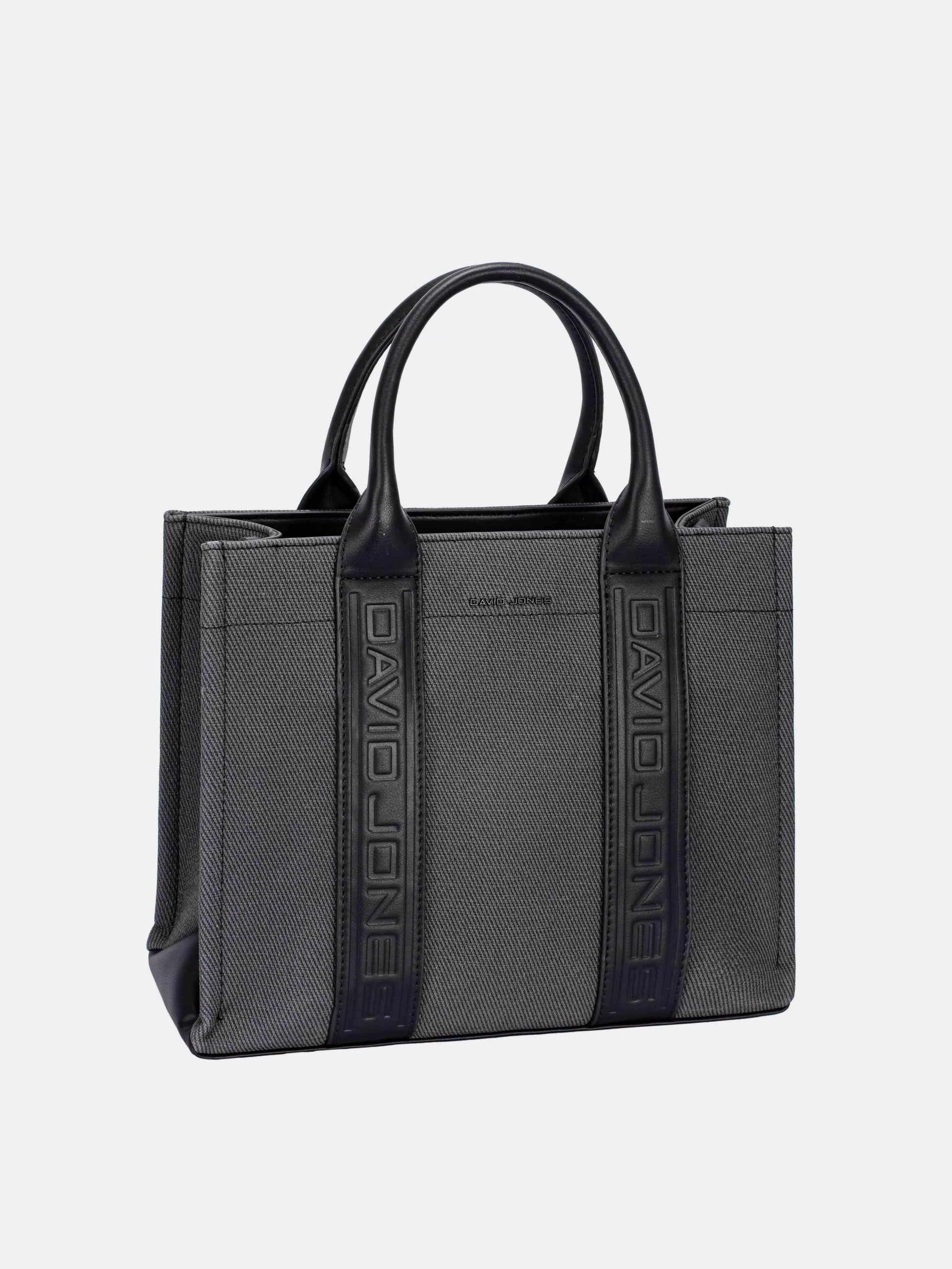 David Jones canvas tote bag in black with embossed handles and spacious design for everyday use