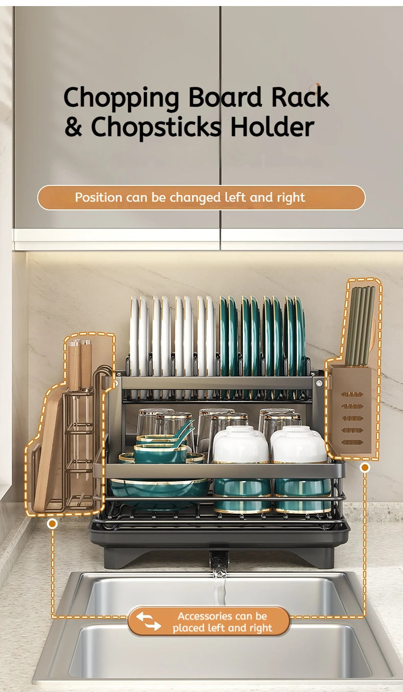 Double layer kitchen drying rack with adjustable chopping board rack and chopsticks holder