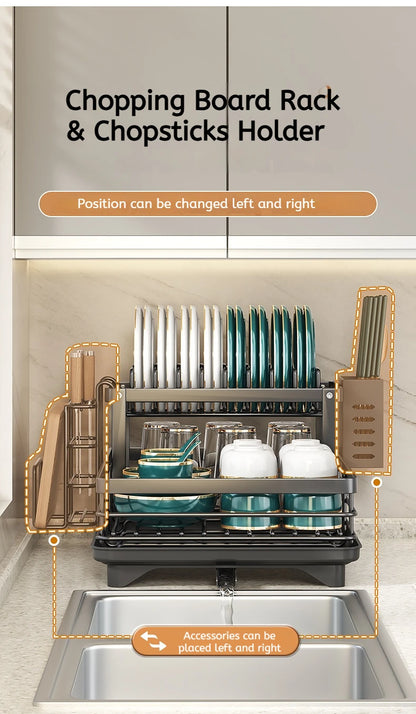 Double layer kitchen drying rack with adjustable chopping board rack and chopsticks holder