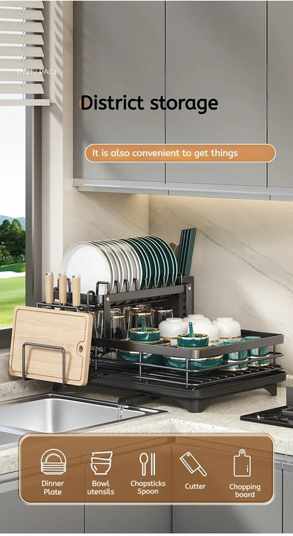 Double layer kitchen drying rack with plates, bowls, and utensils organized for efficient kitchen storage