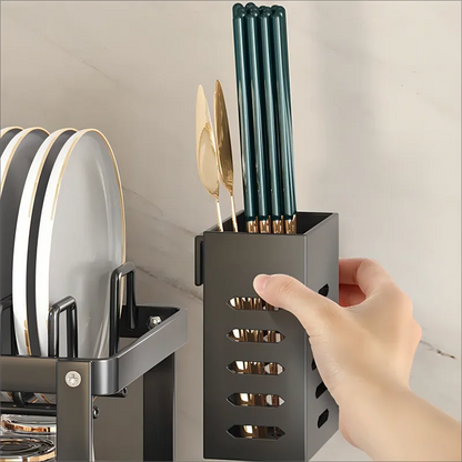 Double layer kitchen drying rack with plates and cutlery holder for efficient dish drying