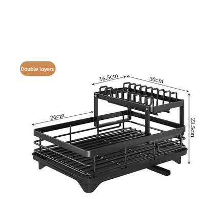 Double layer kitchen drying rack in black with two tiers for efficient dish organization