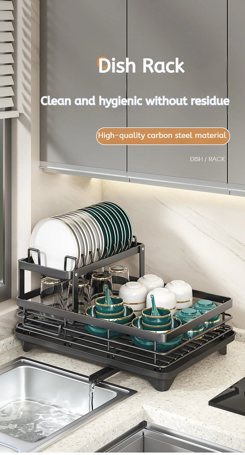 Double layer kitchen drying rack in black, perfect for organizing dishes and utensils efficiently