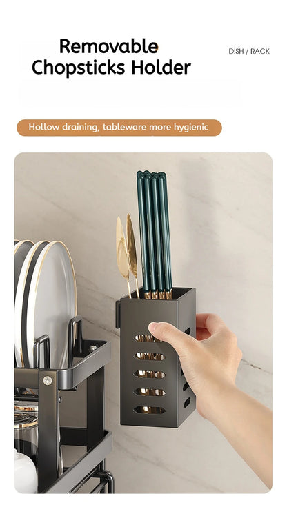 Double layer kitchen drying rack with removable chopsticks holder for efficient drying and organization