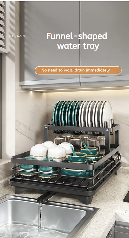 Double layer kitchen drying rack with funnel-shaped water tray for efficient drainage and drying of dishes