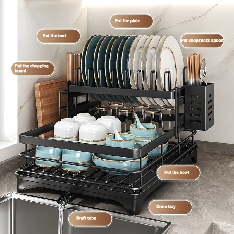 Double layer kitchen drying rack featuring a sleek design for efficient dish organization and drying
