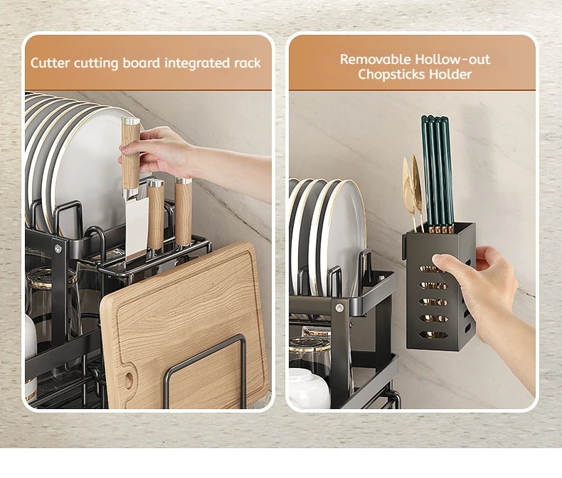 Double layer kitchen drying rack with integrated cutting board and removable chopsticks holder