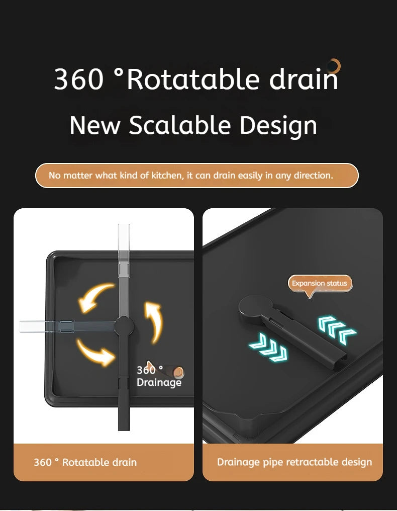 Double layer kitchen drying rack with 360 degree rotatable drain for easy water management