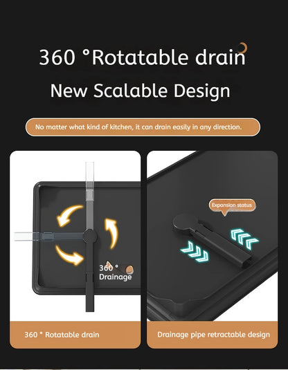 Double layer kitchen drying rack with 360 degree rotatable drain for easy water management