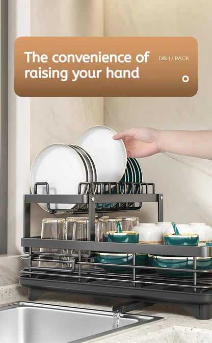 Double layer kitchen drying rack holding plates and glasses, ideal for efficient dish drying