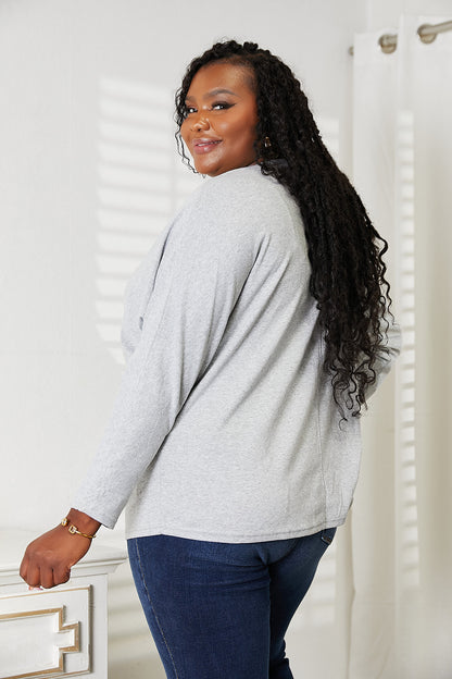 Trendsi double take seam detail top in gray, featuring a relaxed fit and long sleeves for casual comfort.