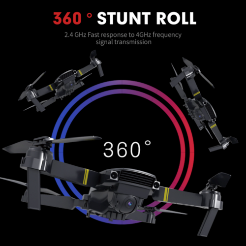 Wide angle dual camera drone with 360-degree stunt roll feature and fast frequency transmission