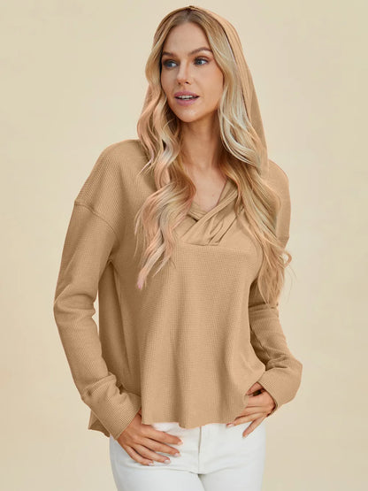 Trendsi dropped shoulder high-low hoodie in tan with a relaxed fit and stylish design
