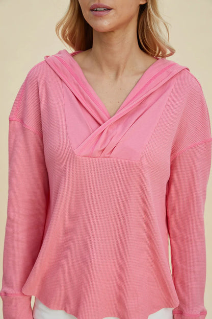 Trendsi dropped shoulder high-low hoodie in pink with a stylish layered neckline and relaxed fit