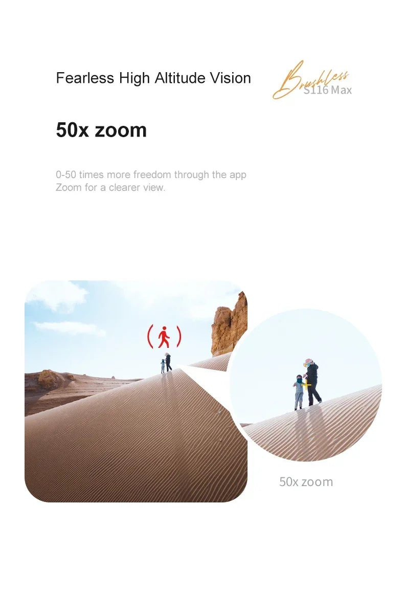Shophouse Northwest S116 MAX professional drone marketing image showing 50x zoom desert dunes and magnified figures