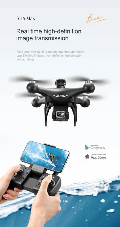 S116 MAX professional drone. Front quadcopter with remote and phone showing live HD transmission over water