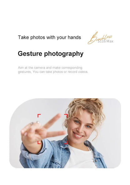 Shophouse Northwest S116 MAX professional drone demonstrating gesture photography with woman making peace sign