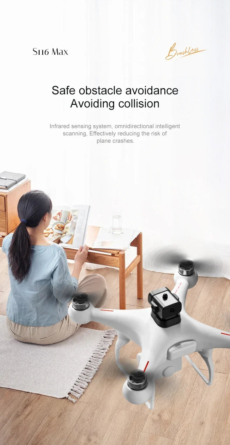 Shophouse Northwest S116 MAX professional drone hovering indoors near seated woman demonstrating safe obstacle avoidance