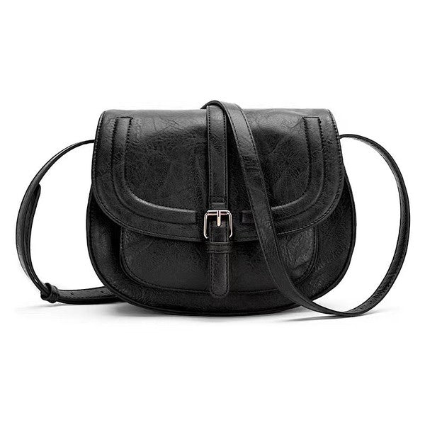 Shophouse Northwest black leather foldover buckle crossbody bag with adjustable strap and compact rounded silhouette