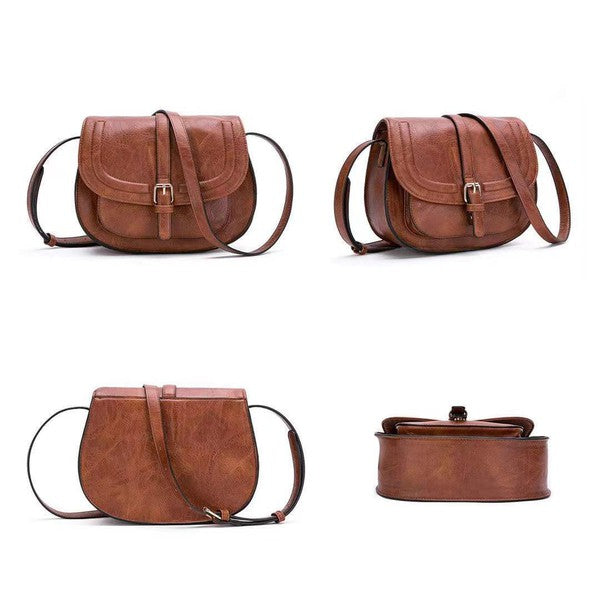 Shophouse Northwest brown leather foldover buckle crossbody bag shown in four angles with adjustable strap and buckle