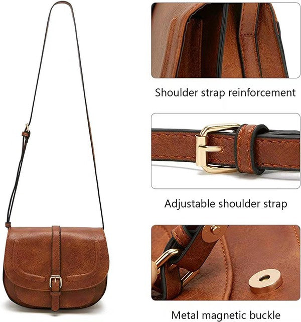 Shophouse Northwest brown faux leather foldover buckle crossbody bag with adjustable strap and magnetic closure