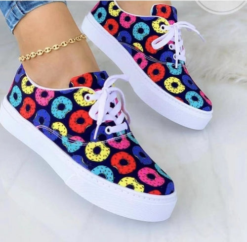 Colorful fashion graffiti trainer sneakers with donut print and white laces perfect for casual wear