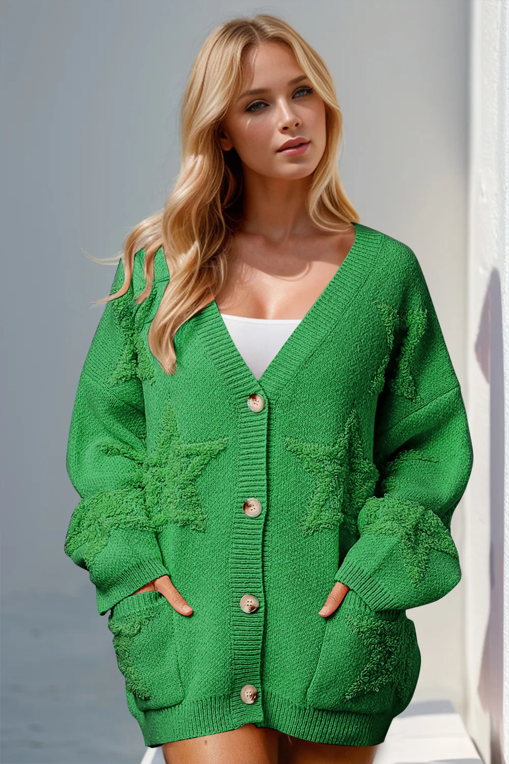 Trendsi full size button up cardigan sweater in vibrant green with star patterns and pockets