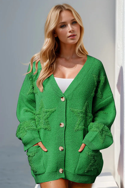 Trendsi full size button up cardigan sweater in vibrant green with star patterns and pockets