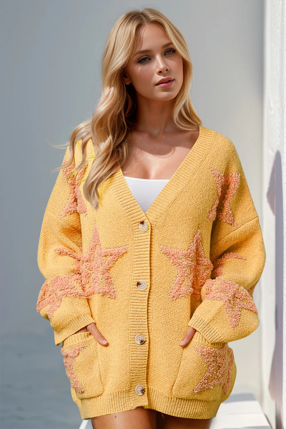 Trendsi full size button up cardigan sweater in yellow with pink star patterns and side pockets
