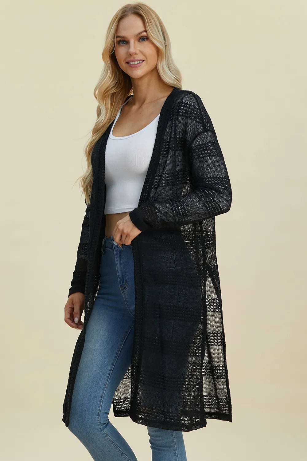 Trendsi full size cardigan sweater in black with open front and long sleeves for casual wear