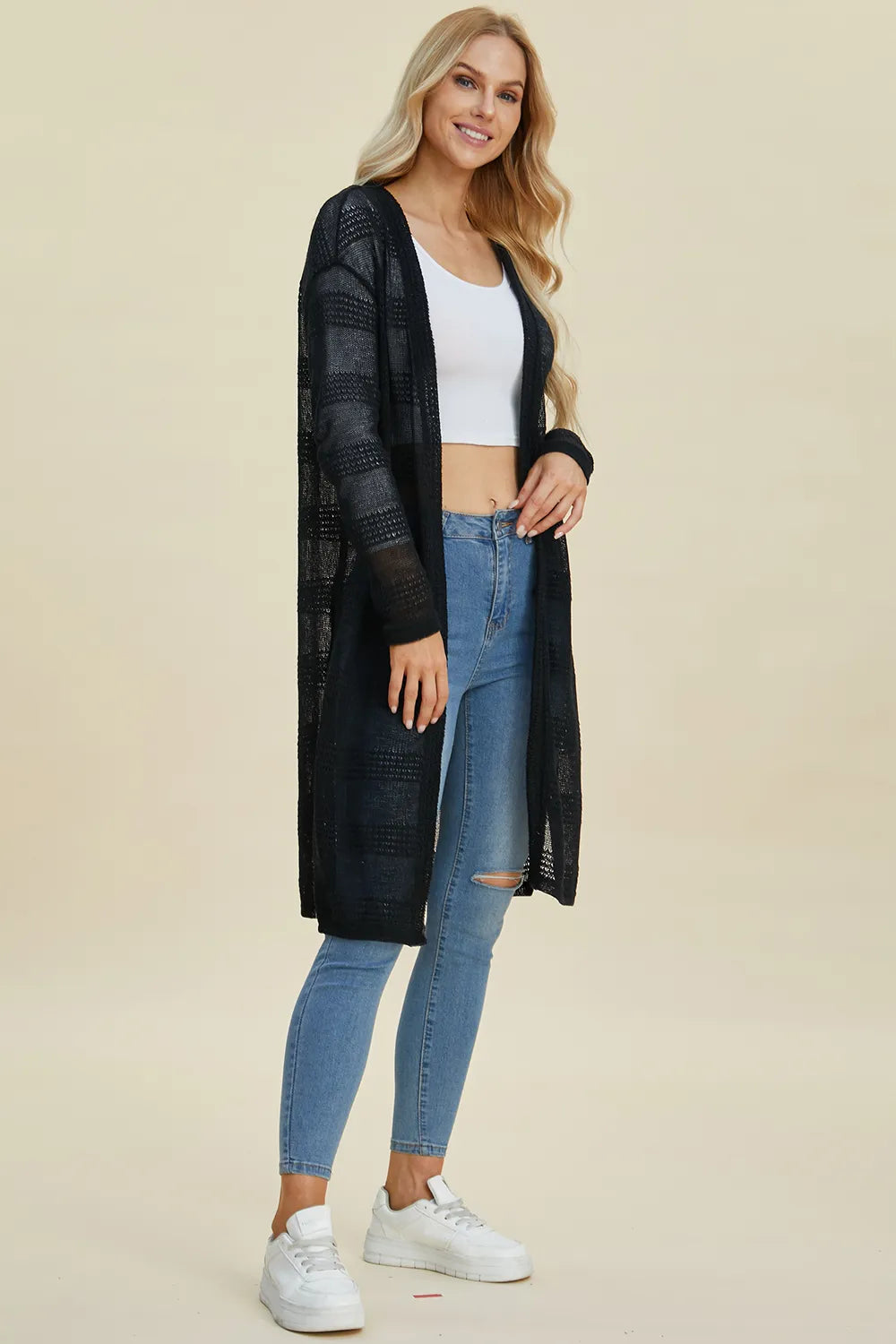 Trendsi full size cardigan sweater in black, perfect for layering over casual outfits