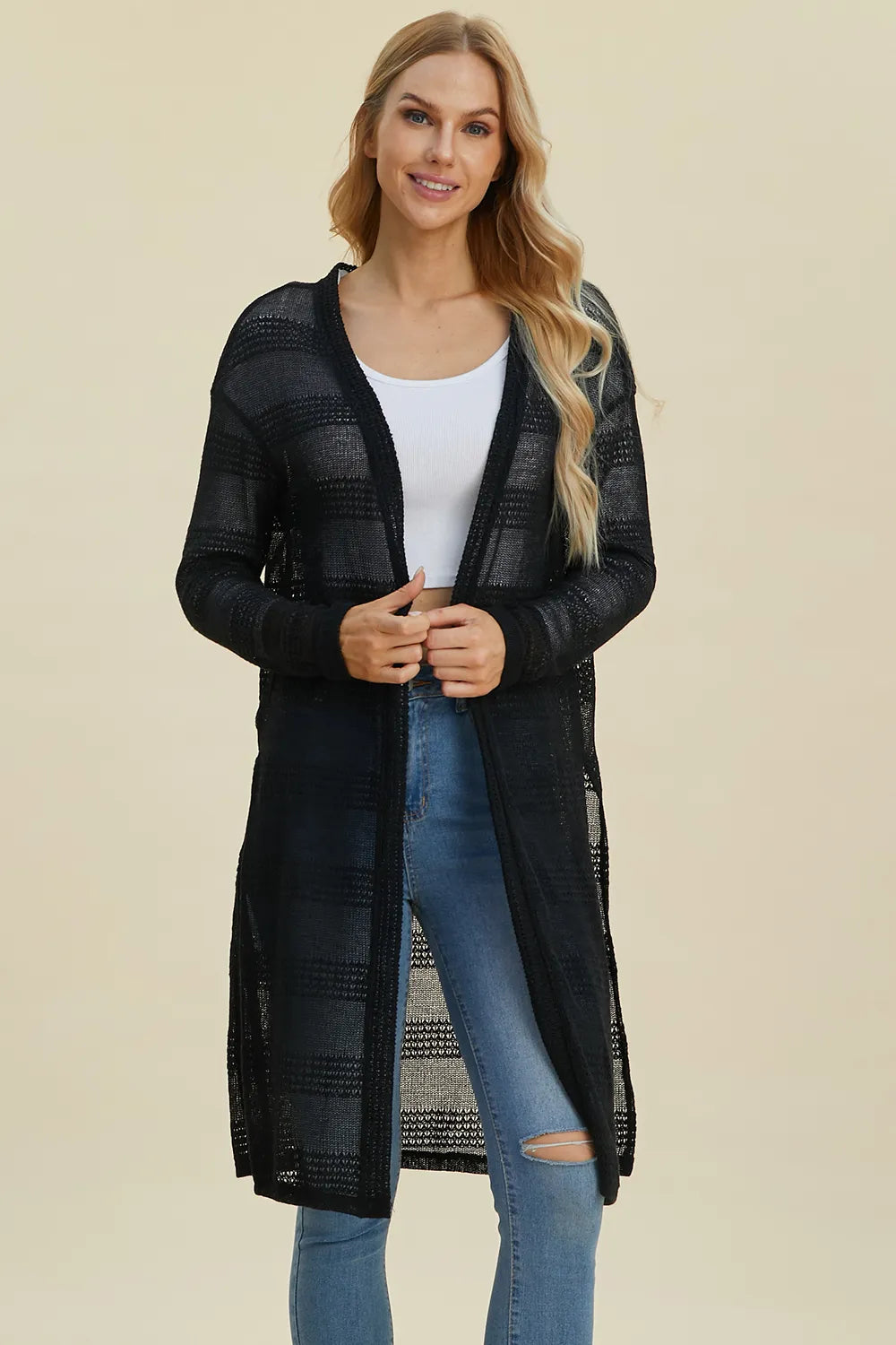 Trendsi full size cardigan sweater in black with an open front and long sleeves