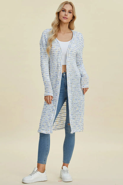 Trendsi Full size cardigan sweater in light colors, styled with jeans for a casual look