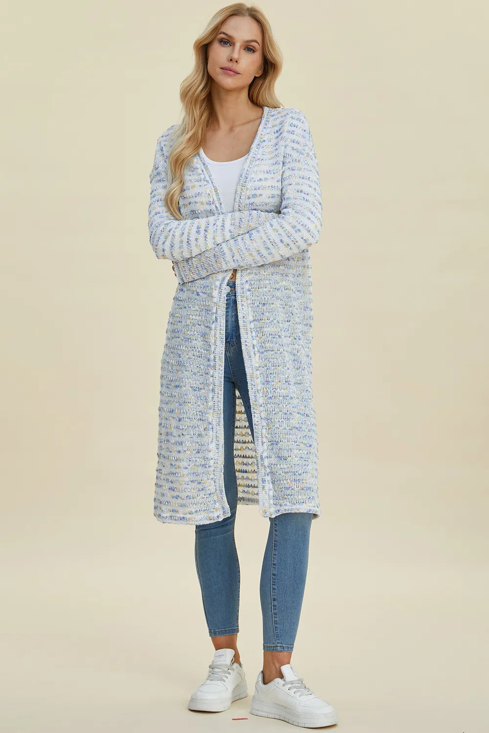 Trendsi Full size cardigan sweater in pastel colors, perfect for layering with jeans