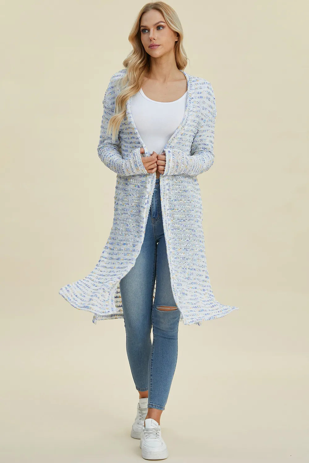 Trendsi full size cardigan sweater in light blue with open front and long sleeves