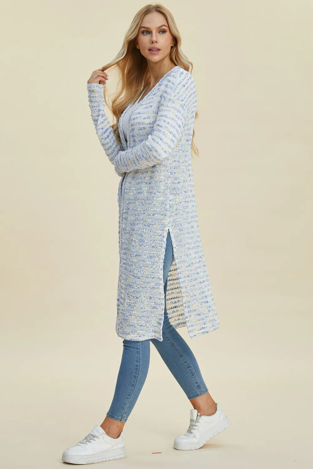 Trendsi full size cardigan sweater in blue and white with side slits for a stylish look