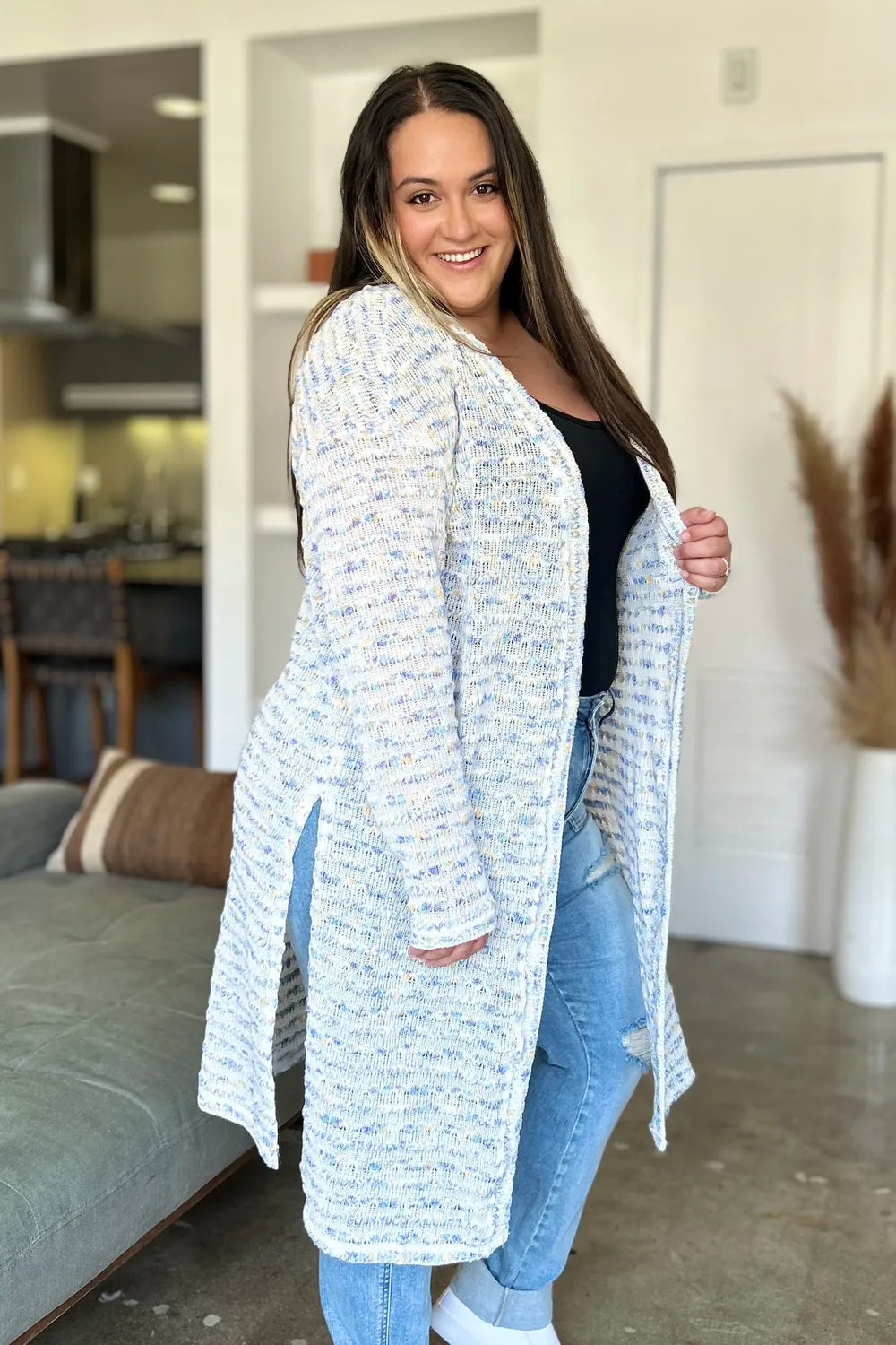 Trendsi full size cardigan sweater in light colors, styled with jeans for a casual look