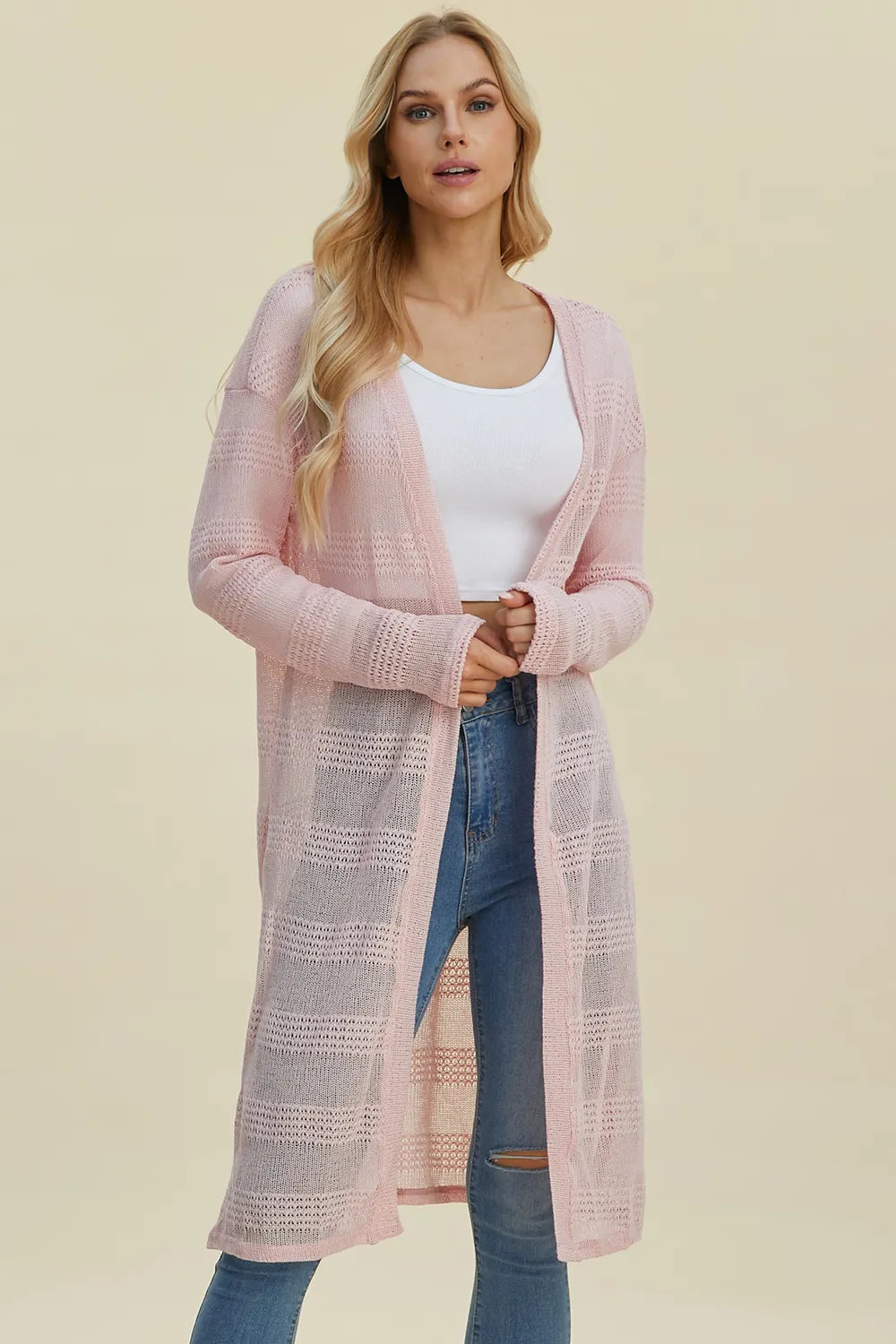 Trendsi full size cardigan sweater in light pink with an open front and long sleeves for a stylish layered look