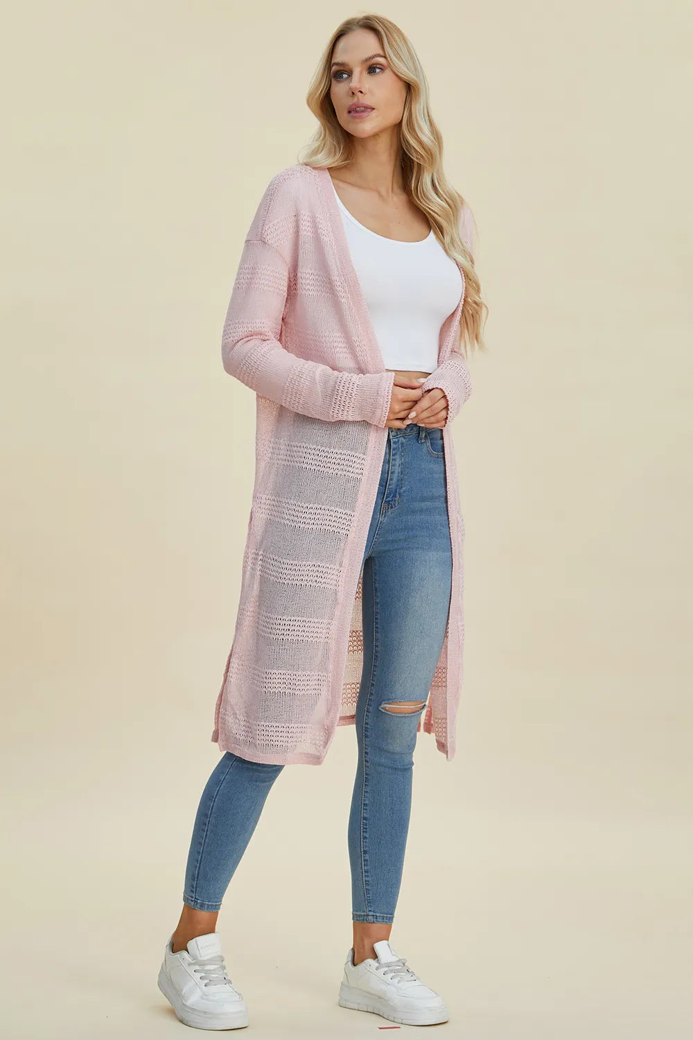 Trendsi full size cardigan sweater in soft pink, perfect for layering and casual outings