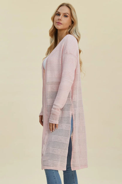 Trendsi full size cardigan sweater in soft pink with open front and side slits for a relaxed fit