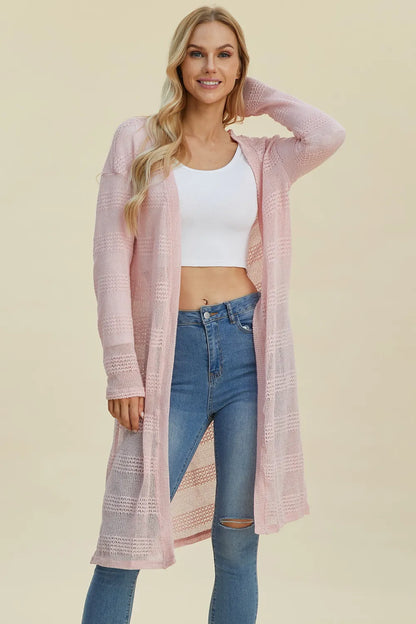 Trendsi full size cardigan sweater in light pink with open front and long sleeves, perfect for layering