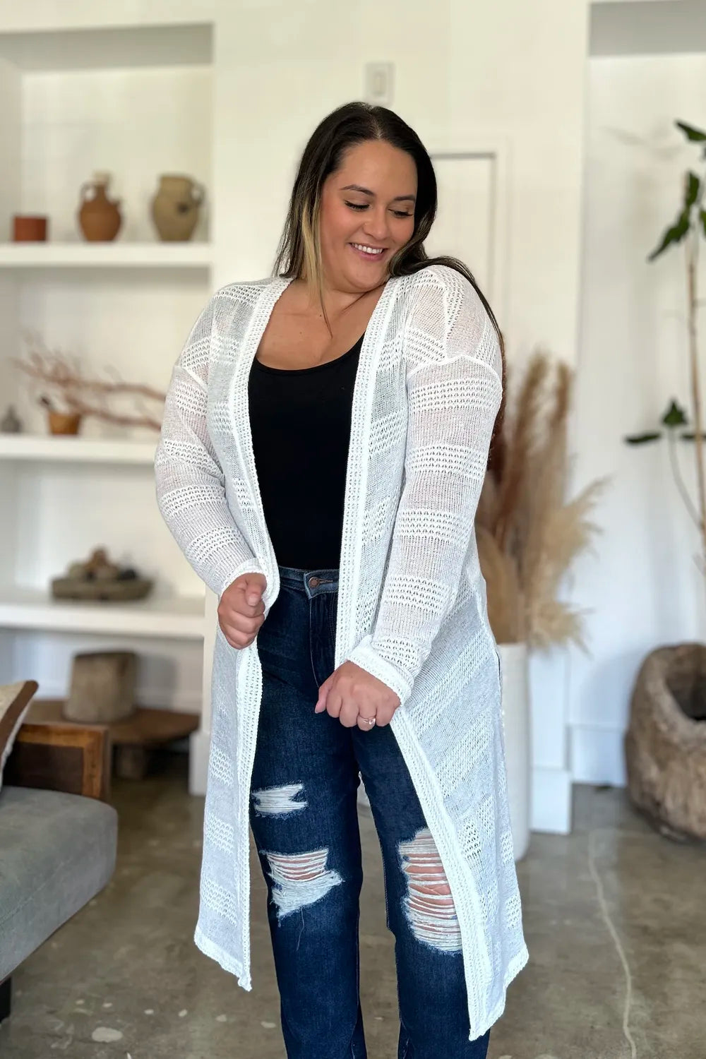 Trendsi full size cardigan sweater in white featuring open knit design and long sleeves