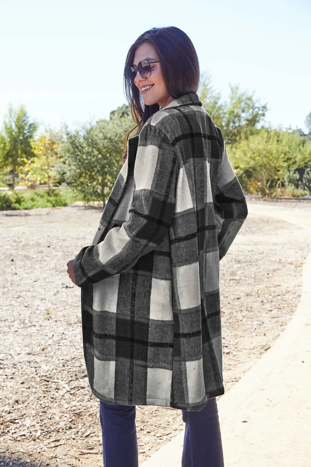 Trendsi full size lapel collar coat with a stylish plaid pattern for a trendy look