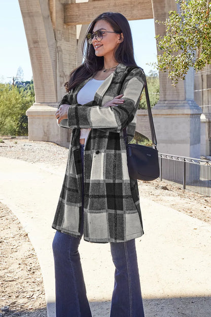 Trendsi full size lapel collar coat in plaid design for stylish and versatile outfits